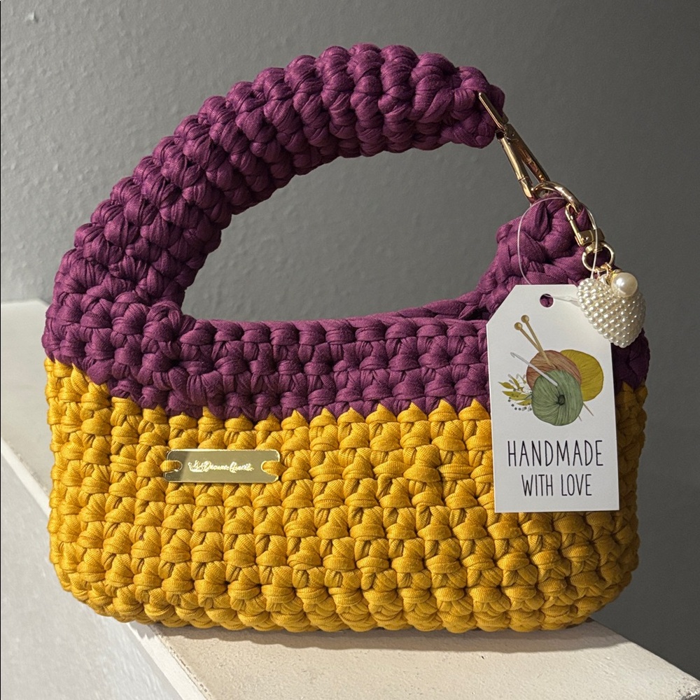 103-Handmade Two-Tone Crochet Bag in Purple and Mustard